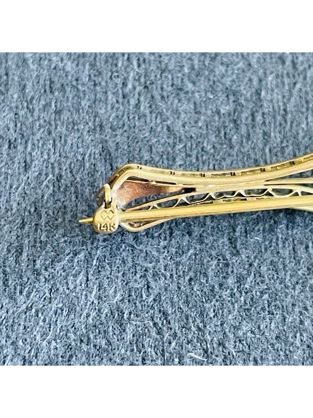 Edwardian 14k Signed Solid Gold & Lab Sapphire Vintage Filigree Floral Brooch - Picture 4 of 8